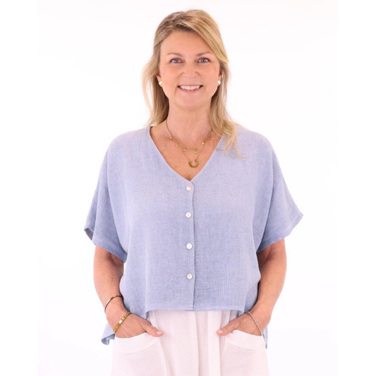 Linen and Cotton Blend Cardigan - Blue