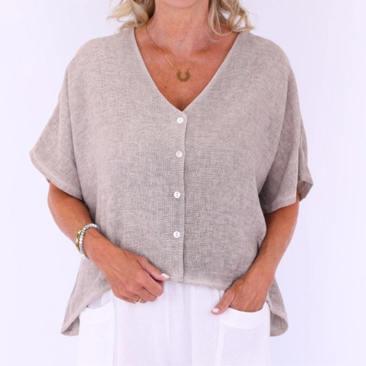 Linen and Cotton Blend Short Sleeve Cardigan - Taupe