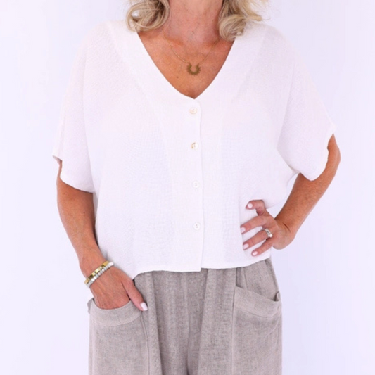 Linen and Cotton Blend Short Sleeve Cardigan - White