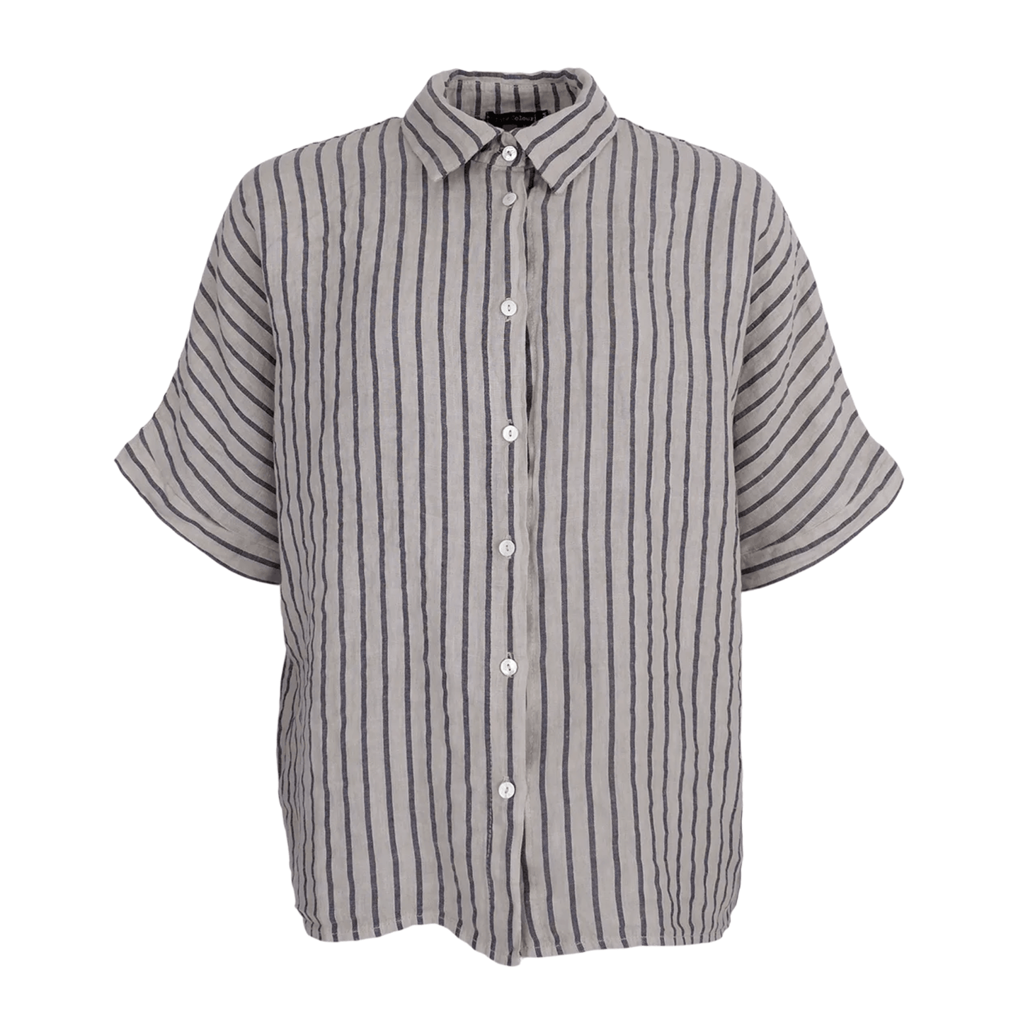 Black Colour DK Melina Linen Wing Shirt - Beige Stripe