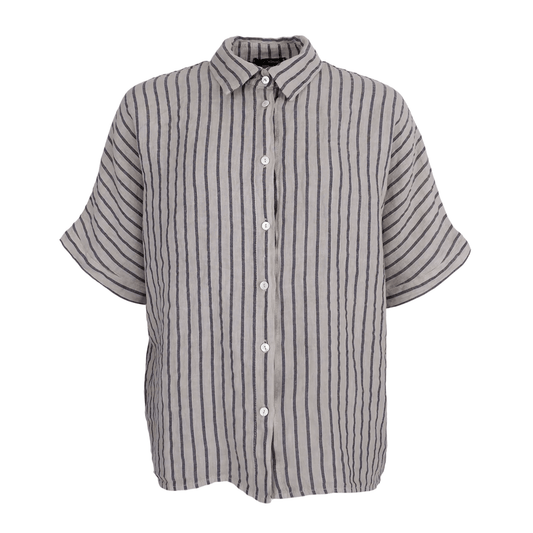 Black Colour DK Melina Linen Wing Shirt - Beige Stripe