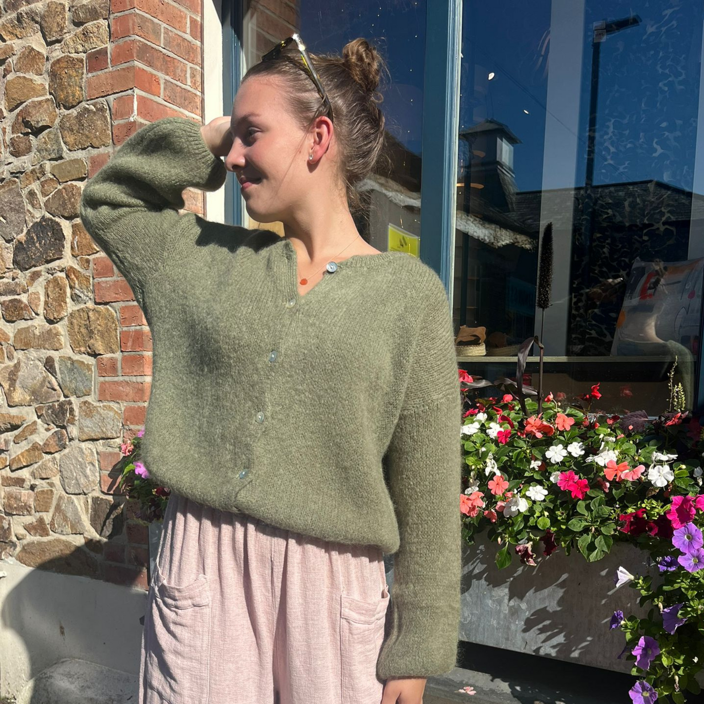 Mohair Blend Button Through Cardigan - Khaki Marl