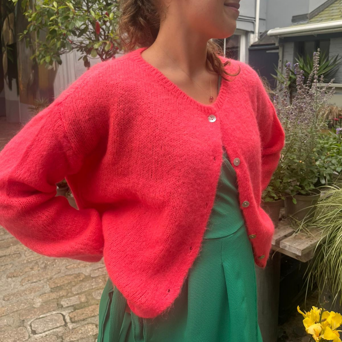 Mohair Blend Button Through Cardigan - Neon Coral