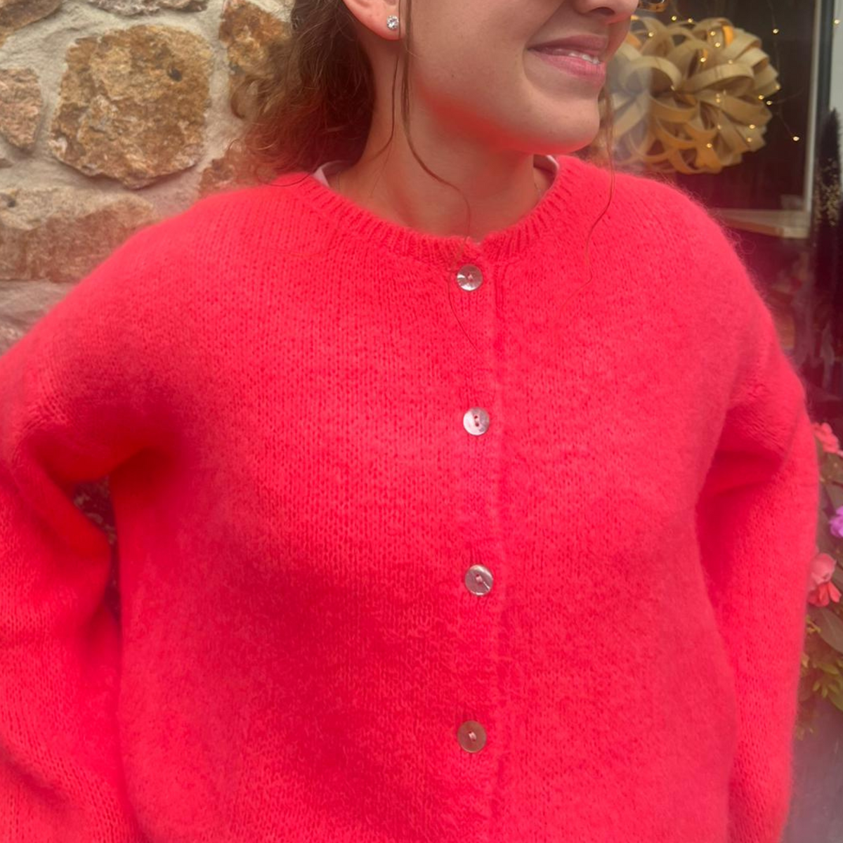 Mohair Blend Button Through Cardigan - Neon Coral