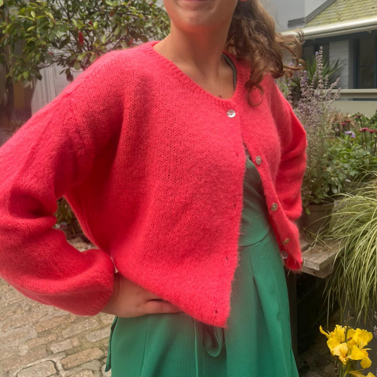Mohair Blend Button Through Cardigan - Neon Coral