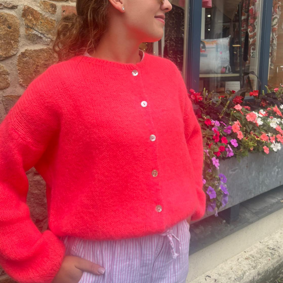 Mohair Blend Button Through Cardigan - Neon Coral