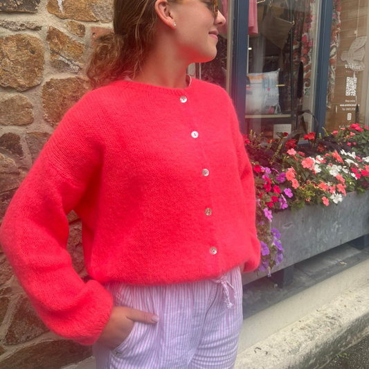 Mohair Blend Button Through Cardigan - Neon Coral