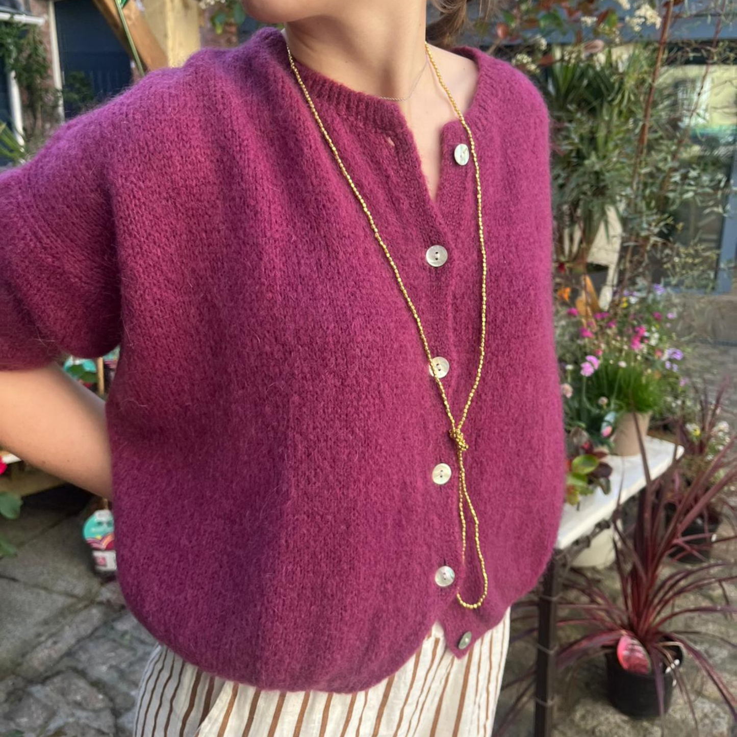 Mohair Blend Cropped Sleeve Cardigan - Aubergine