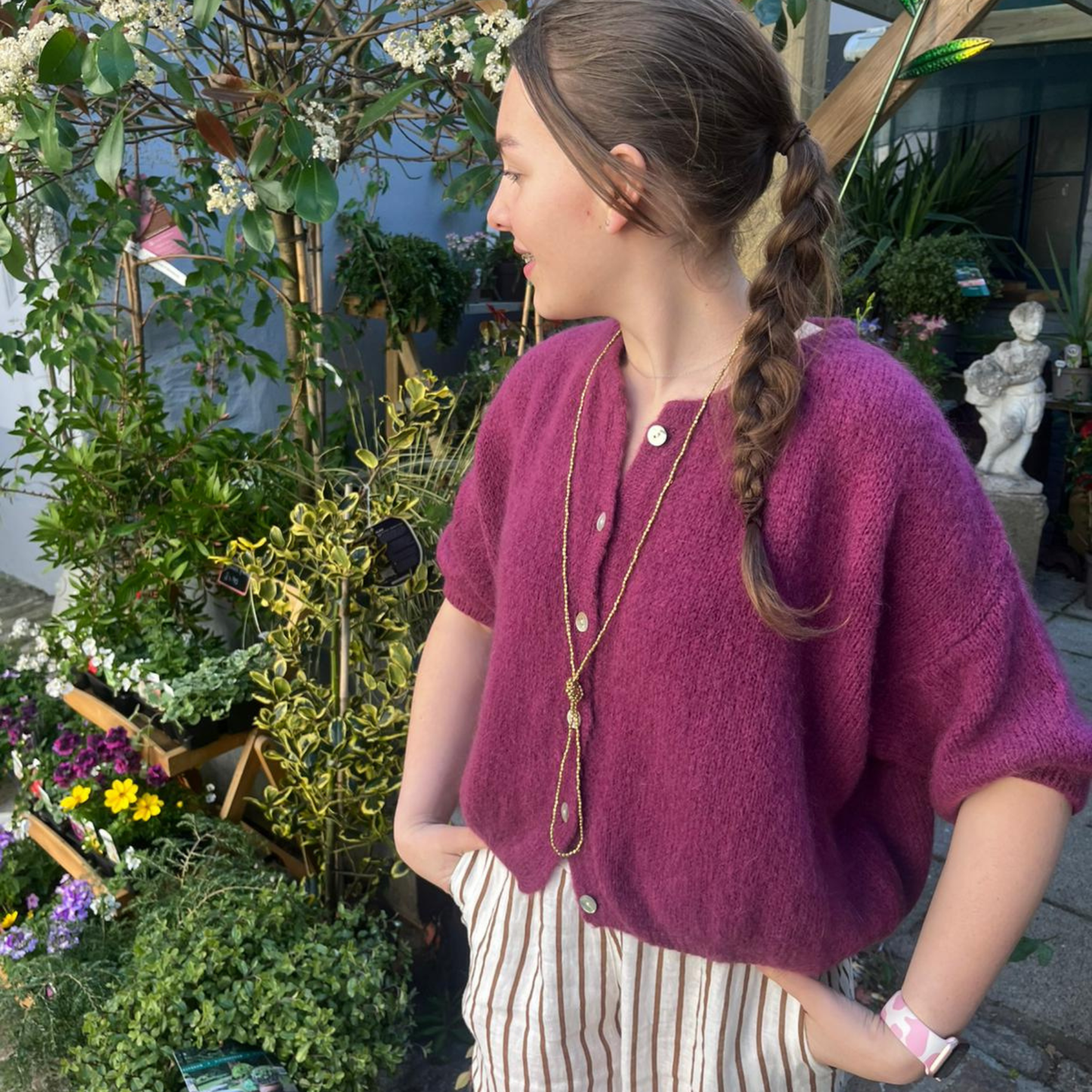Mohair Blend Cropped Sleeve Cardigan - Aubergine