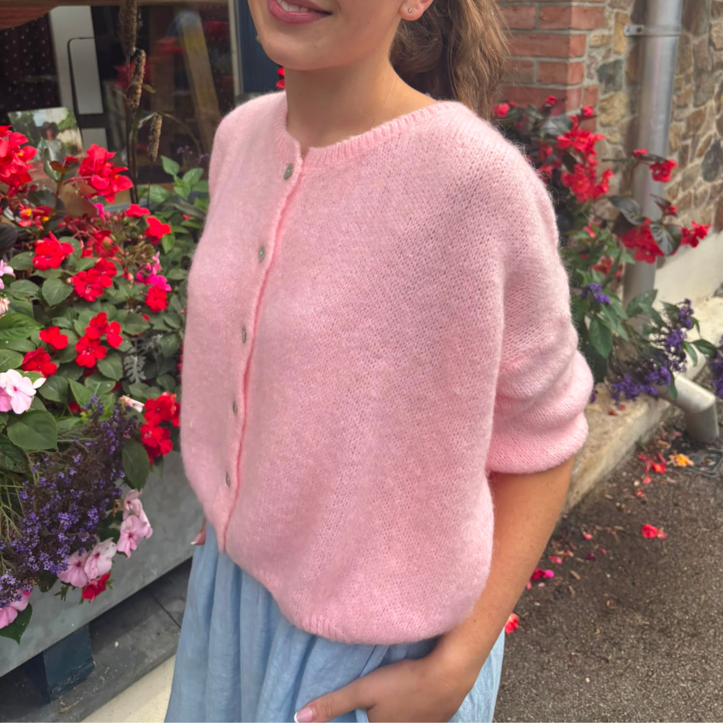 Mohair Blend Cropped Sleeve Cardigan - Baby Pink