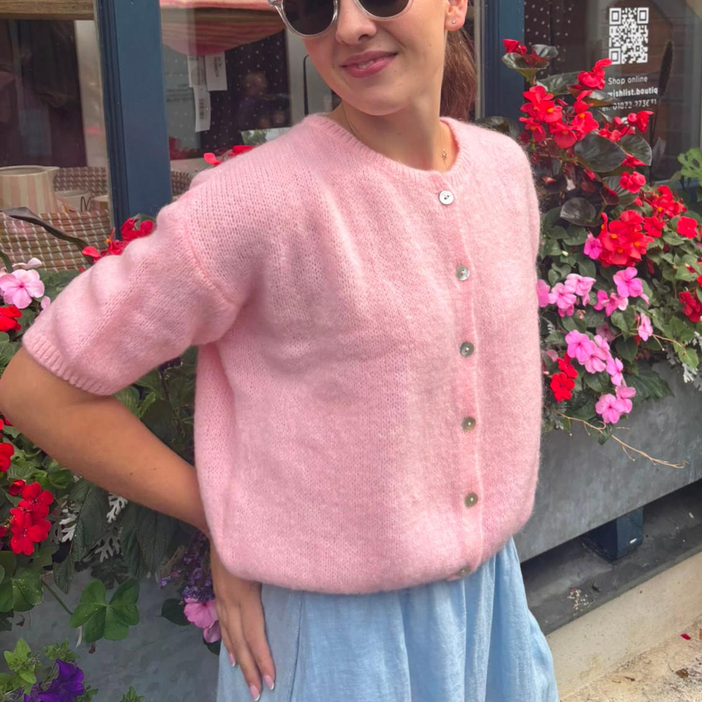 Mohair Blend Cropped Sleeve Cardigan - Baby Pink