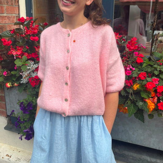 Mohair Blend Cropped Sleeve Cardigan - Baby Pink