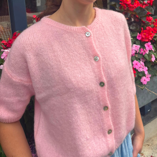 Mohair Blend Cropped Sleeve Cardigan - Baby Pink