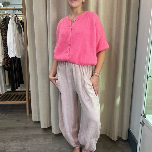 Mohair Blend Cropped Sleeve Cardigan - Barbie Pink
