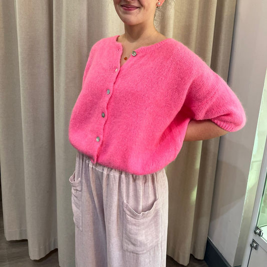 Mohair Blend Cropped Sleeve Cardigan - Barbie Pink