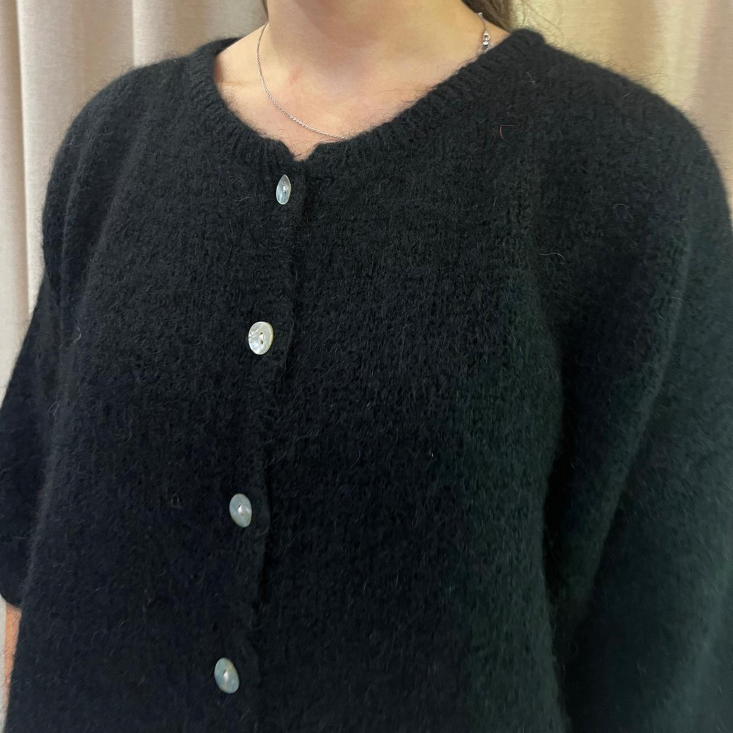 Mohair Blend Cropped Sleeve Cardigan - Black