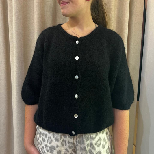Mohair Blend Cropped Sleeve Cardigan - Black