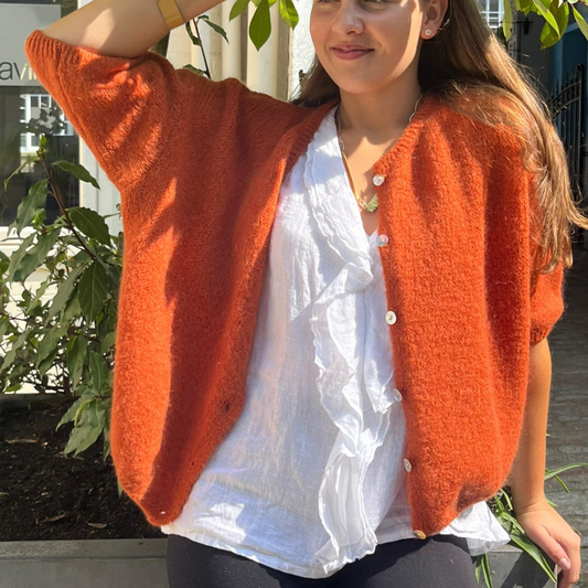 Mohair Blend Cropped Sleeve Cardigan - Burnt Orange