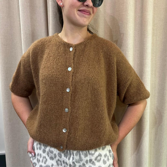 Mohair Blend Cropped Sleeve Cardigan - Camel