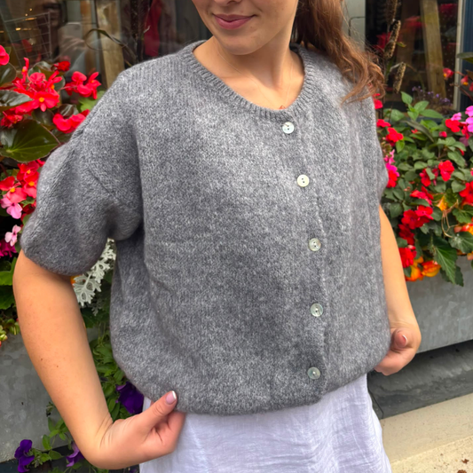 Mohair Blend Cropped Sleeve Cardigan - Charcoal