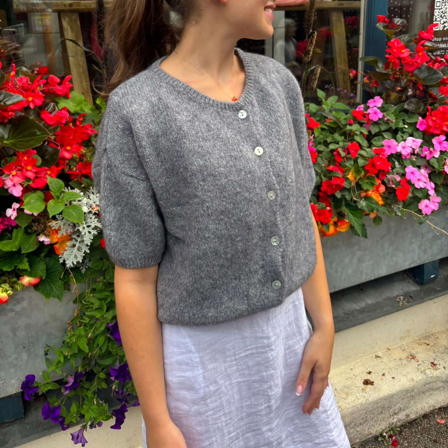 Mohair Blend Cropped Sleeve Cardigan - Charcoal