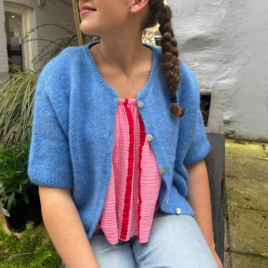 Mohair Blend Cropped Sleeve Cardigan - Cornflower Blue