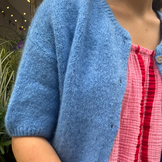 Mohair Blend Cropped Sleeve Cardigan - Cornflower Blue