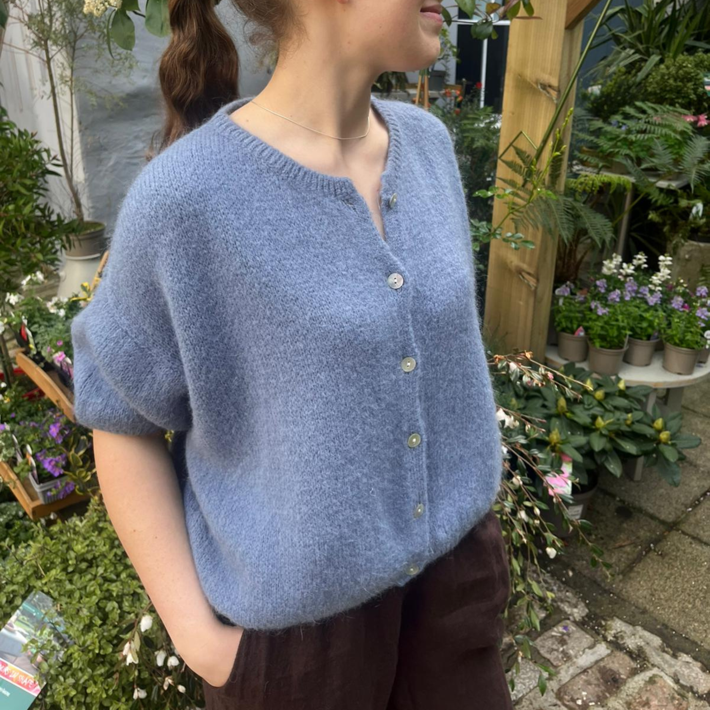 Mohair Blend Cropped Sleeve Cardigan - Denim Blue