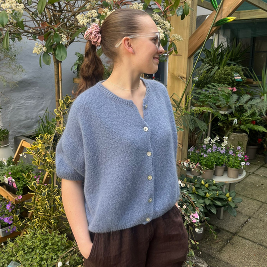 Mohair Blend Cropped Sleeve Cardigan - Denim Blue