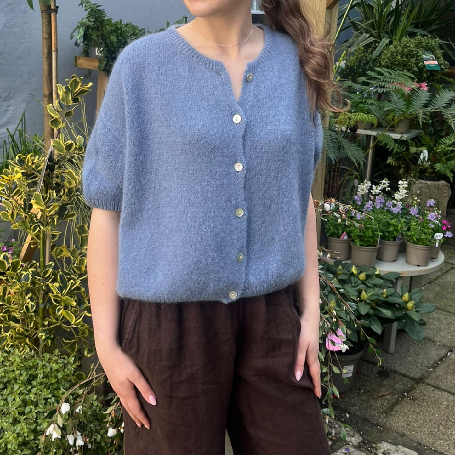 Mohair Blend Cropped Sleeve Cardigan - Denim Blue