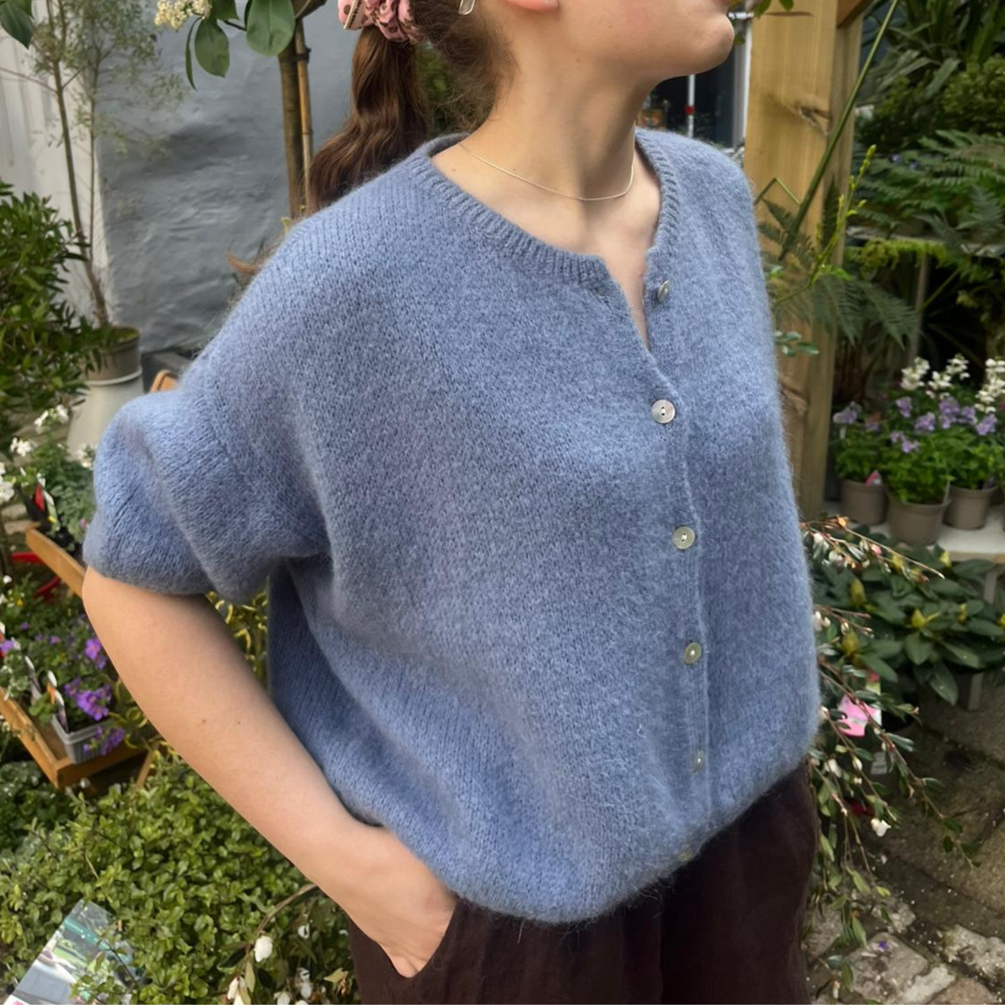 Mohair Blend Cropped Sleeve Cardigan - Denim Blue