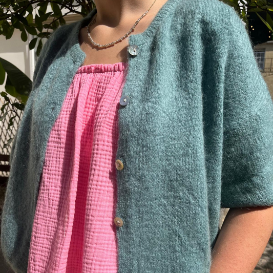 Mohair Blend Cropped Sleeve Cardigan - Duck Egg