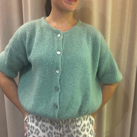 Mohair Blend Cropped Sleeve Cardigan - Duck Egg