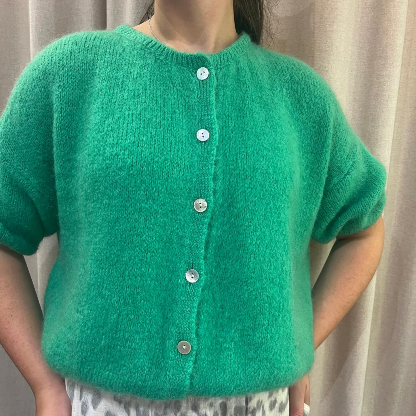 Mohair Blend Cropped Sleeve Cardigan - Emerald Green