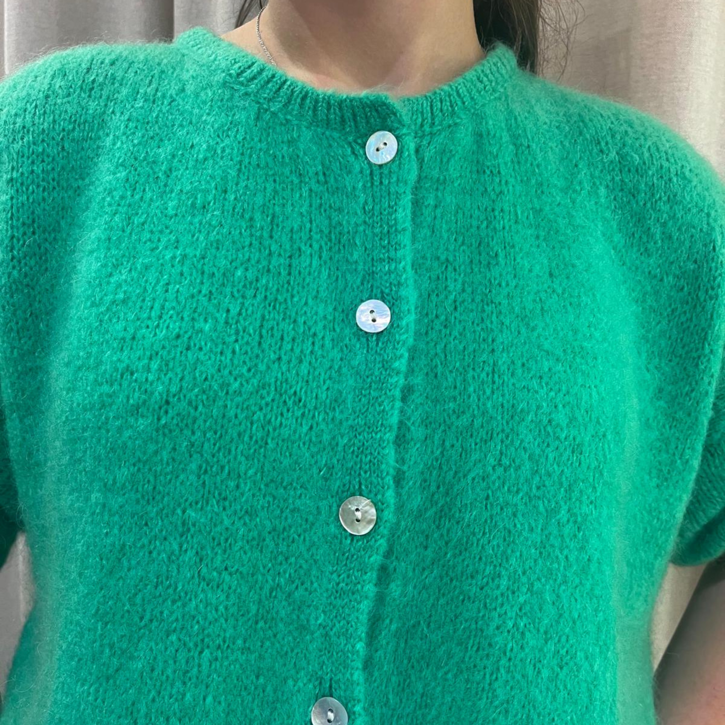 Mohair Blend Cropped Sleeve Cardigan - Emerald Green