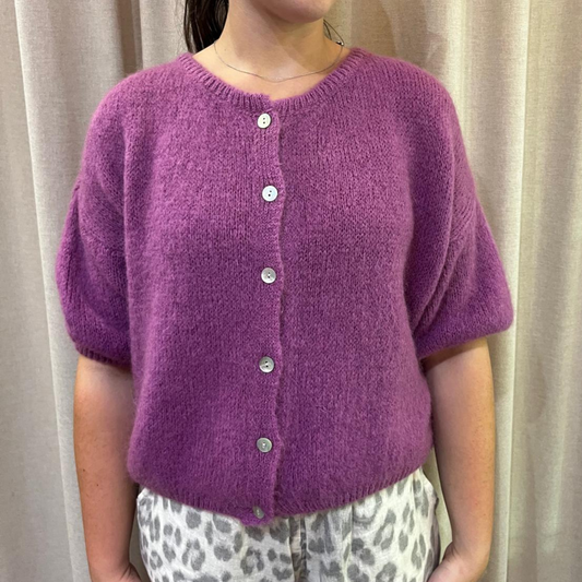 Mohair Blend Cropped Sleeve Cardigan - Grape