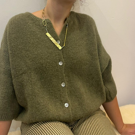 Mohair Blend Cropped Sleeve Cardigan - Khaki Green