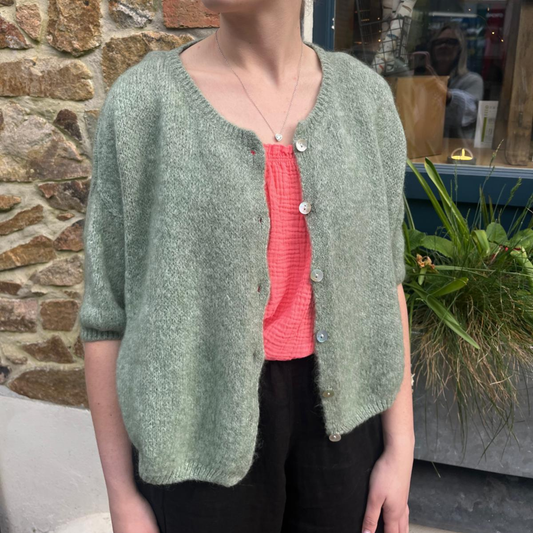 Mohair Blend Cropped Sleeve Cardigan - Khaki Marl