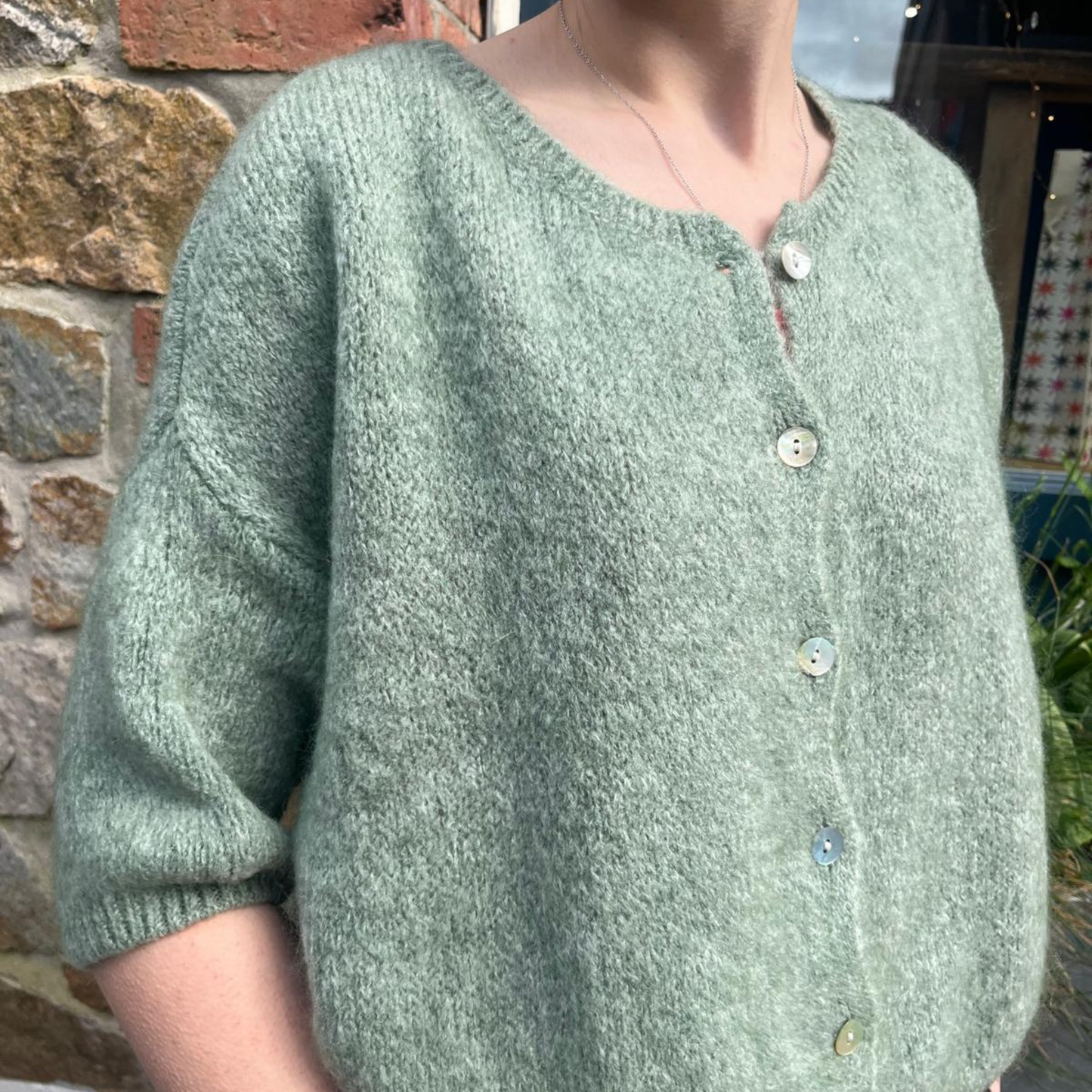 Mohair Blend Cropped Sleeve Cardigan - Khaki Marl