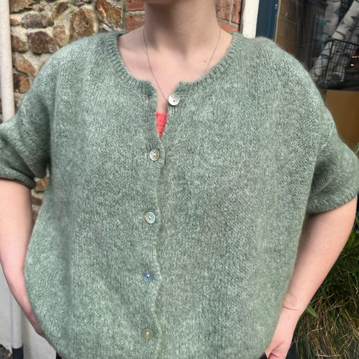 Mohair Blend Cropped Sleeve Cardigan - Khaki Marl