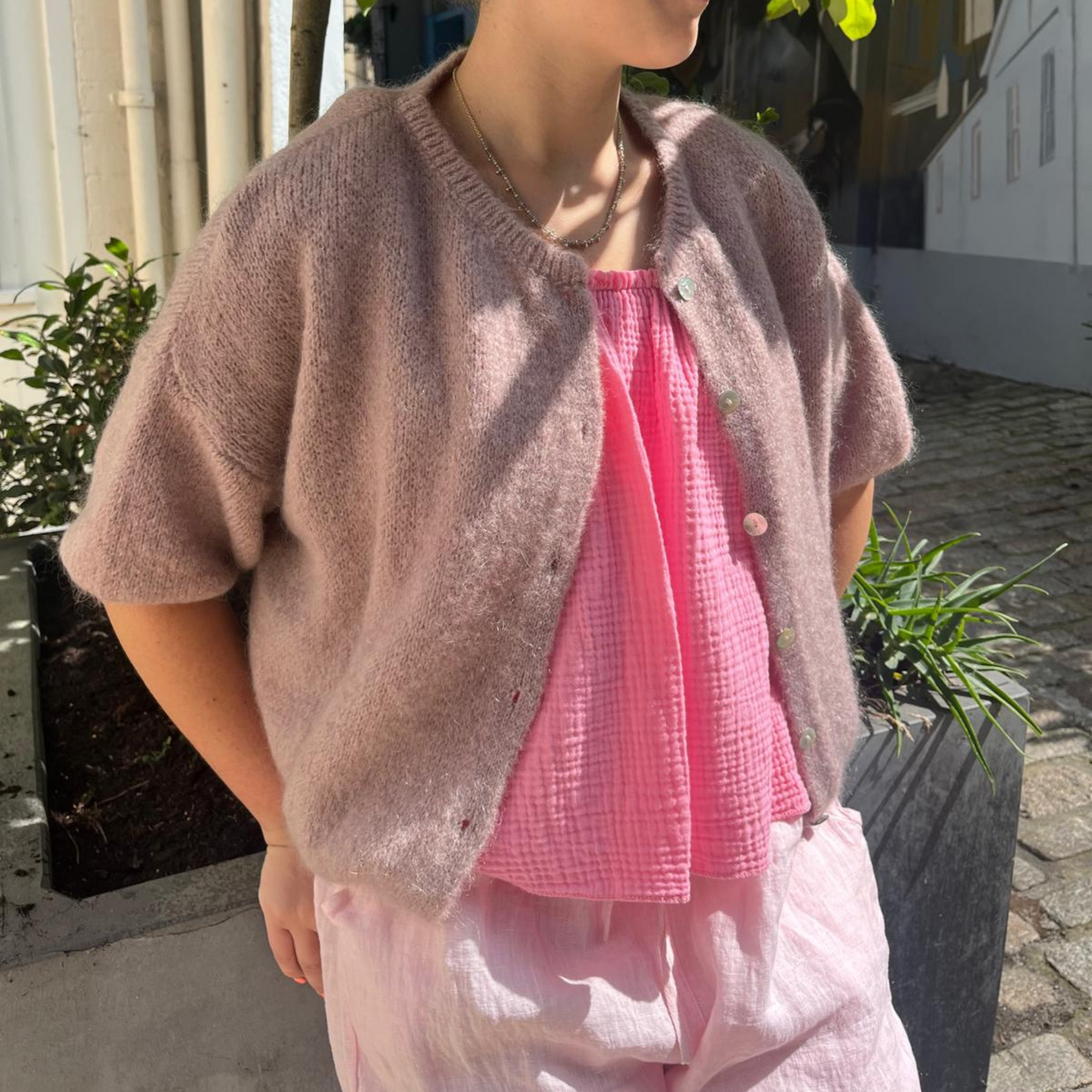 Mohair Blend Cropped Sleeve Cardigan - Mink