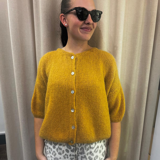 Mohair Blend Cropped Sleeve Cardigan - Mustard