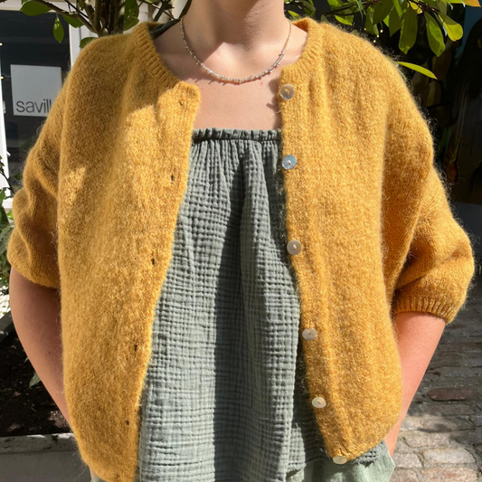 Mohair Blend Cropped Sleeve Cardigan - Mustard