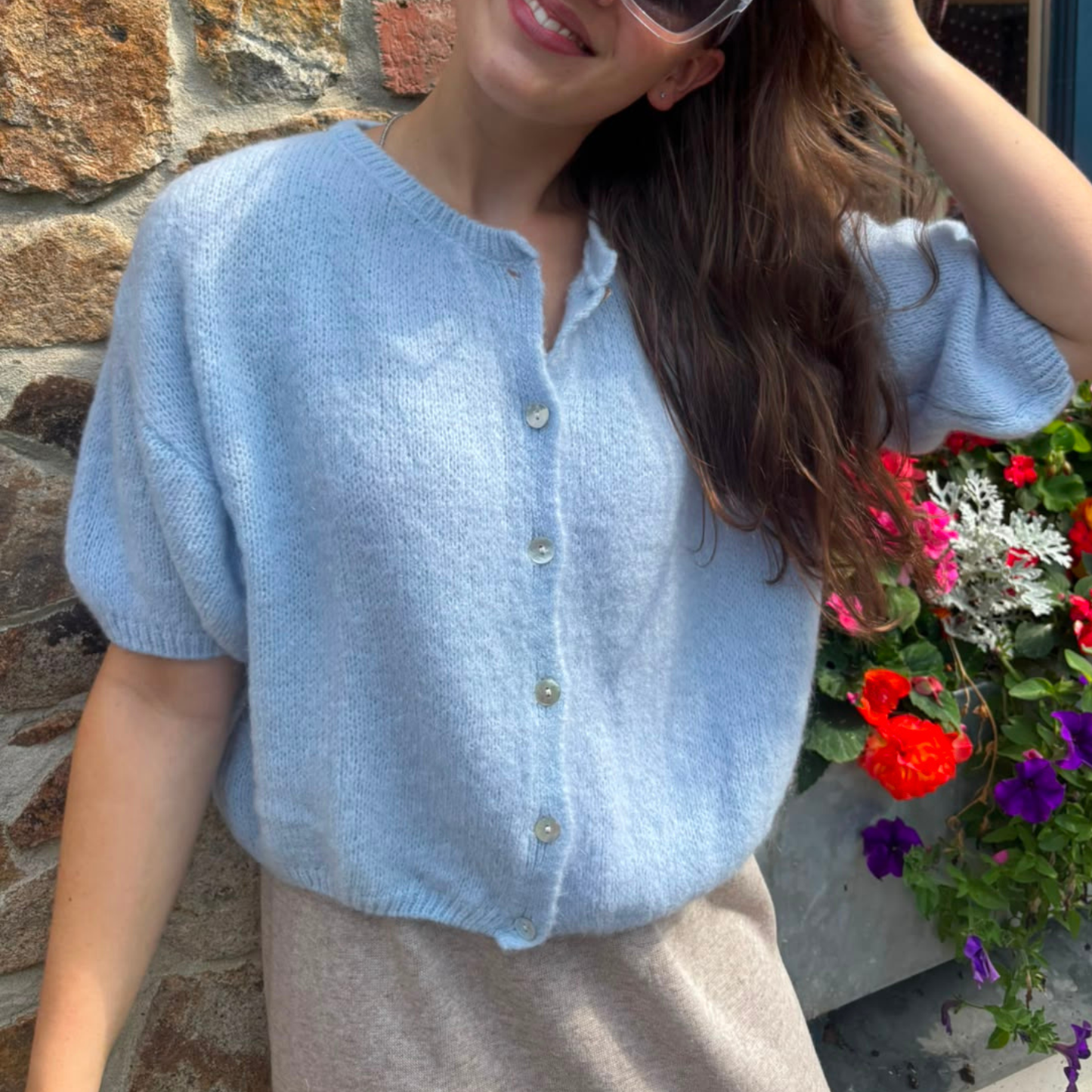 Mohair Blend Cropped Sleeve Cardigan - Pale Blue