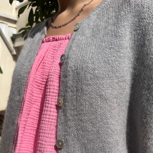 Mohair Blend Cropped Sleeve Cardigan - Silver Grey