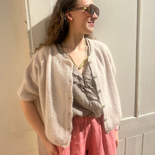 Mohair Blend Cropped Sleeve Cardigan - Stone