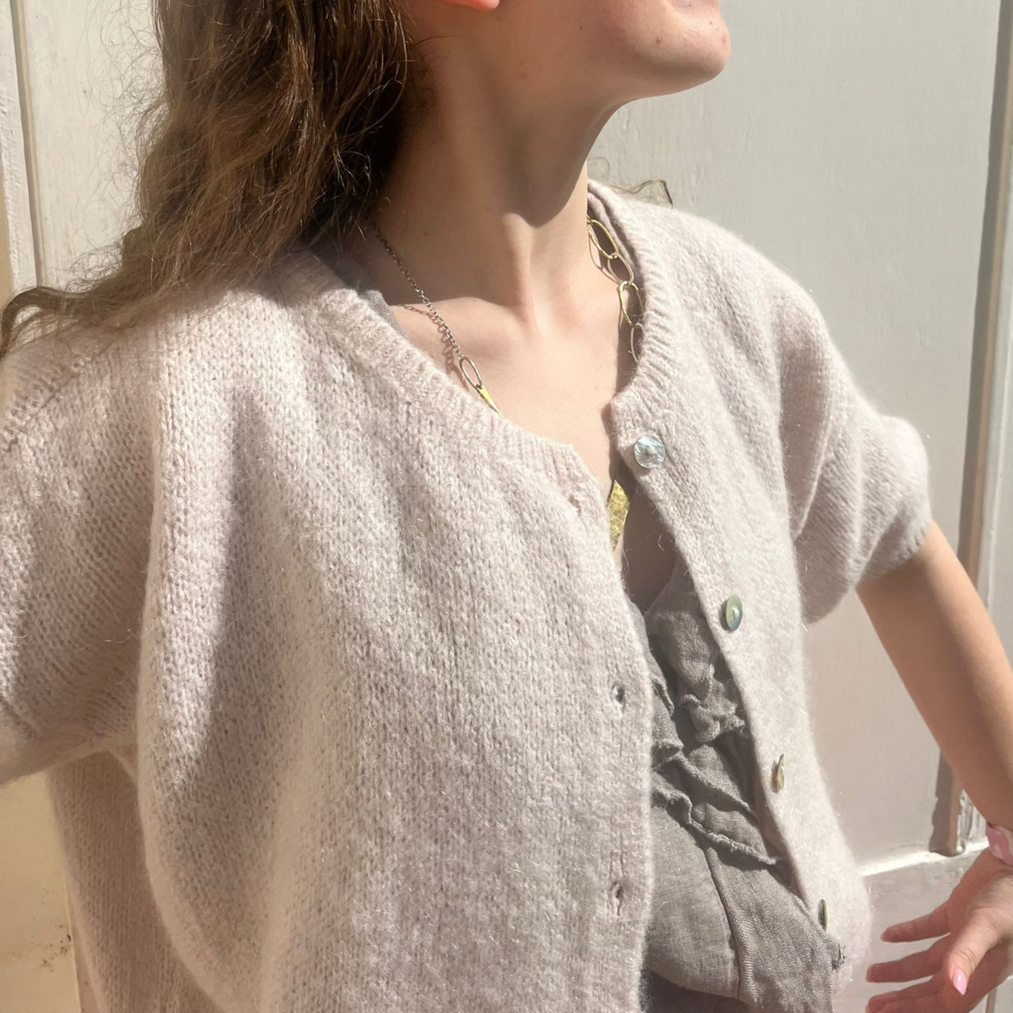 Mohair Blend Cropped Sleeve Cardigan - Stone