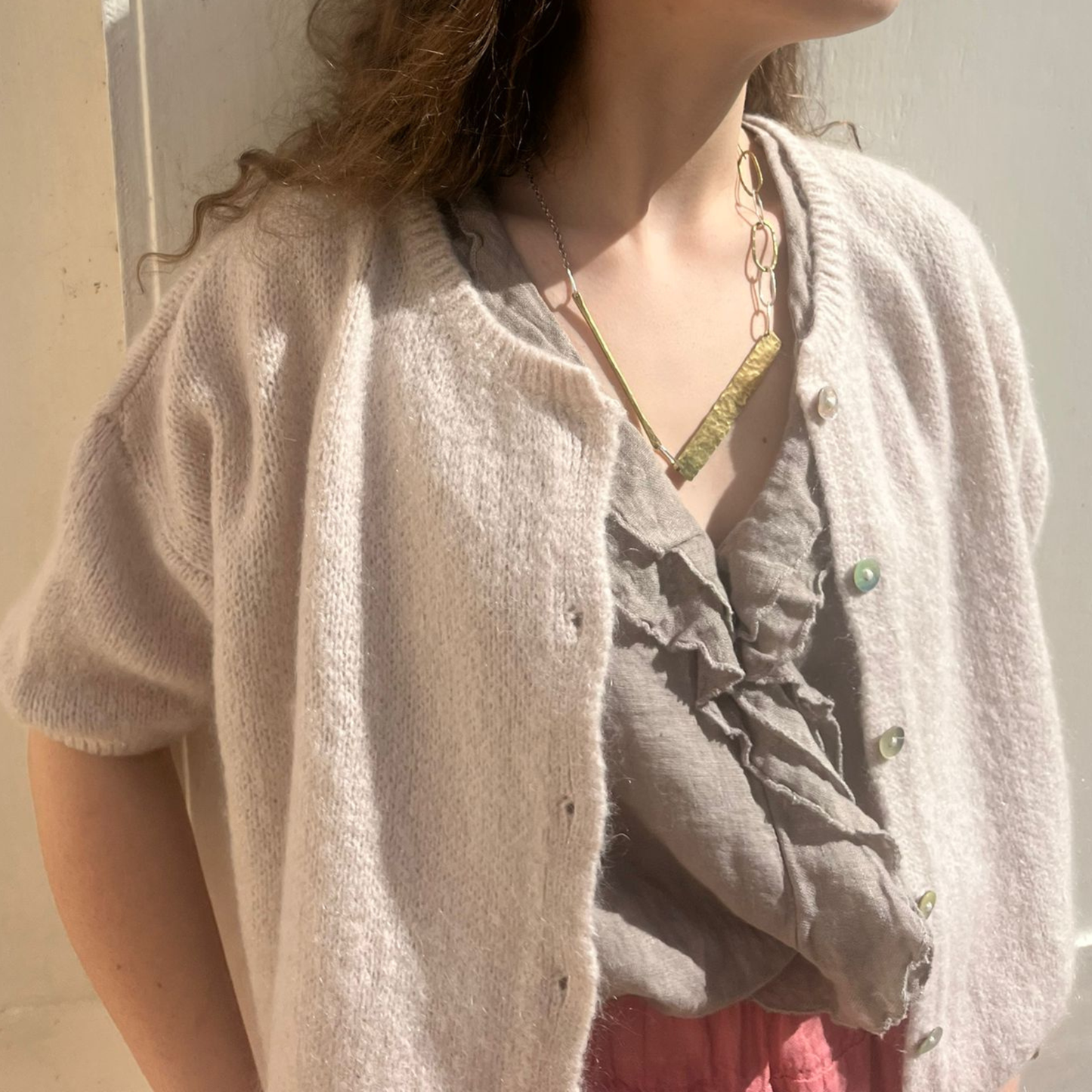 Mohair Blend Cropped Sleeve Cardigan - Stone