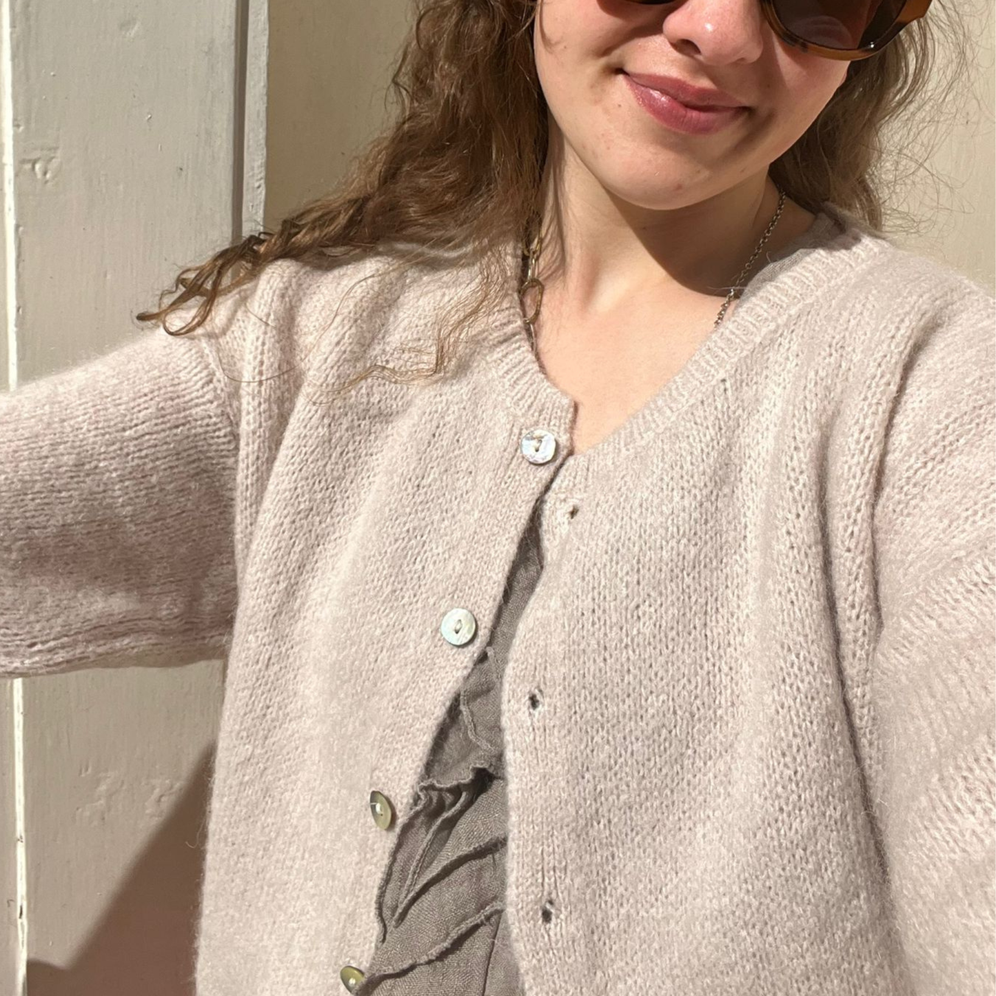 Mohair Blend Cropped Sleeve Cardigan - Stone