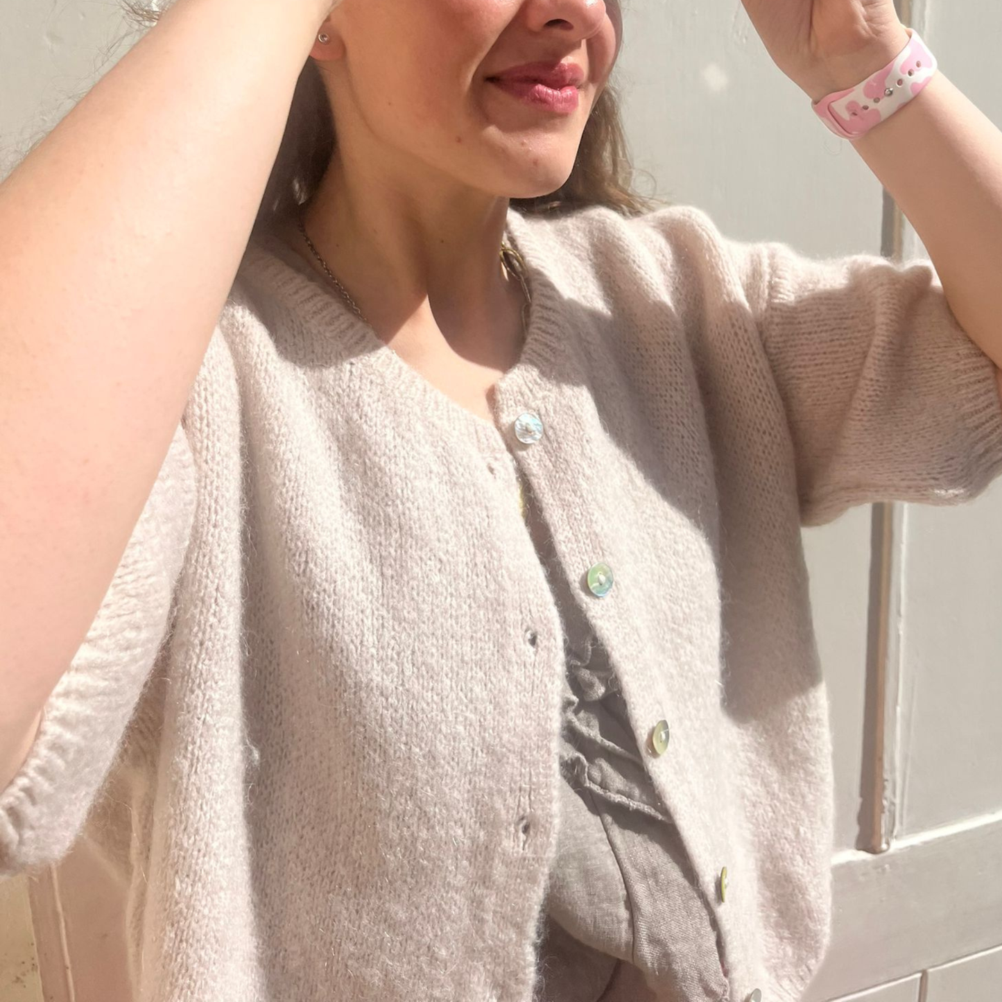 Mohair Blend Cropped Sleeve Cardigan - Stone